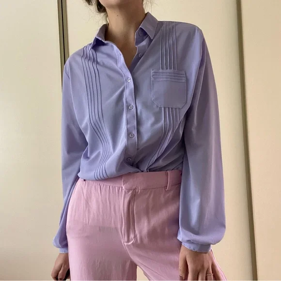 Vintage lavender sheer button down bell cuffed sleeves s/m spring top Easter - Picture 5 of 11